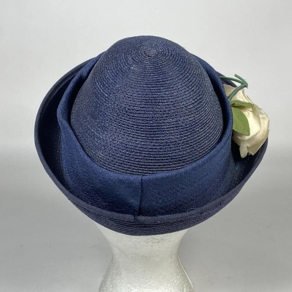 Vintage Navy Blue Ladies Hat Ivory Flower Accent Fabric Band Church Derby